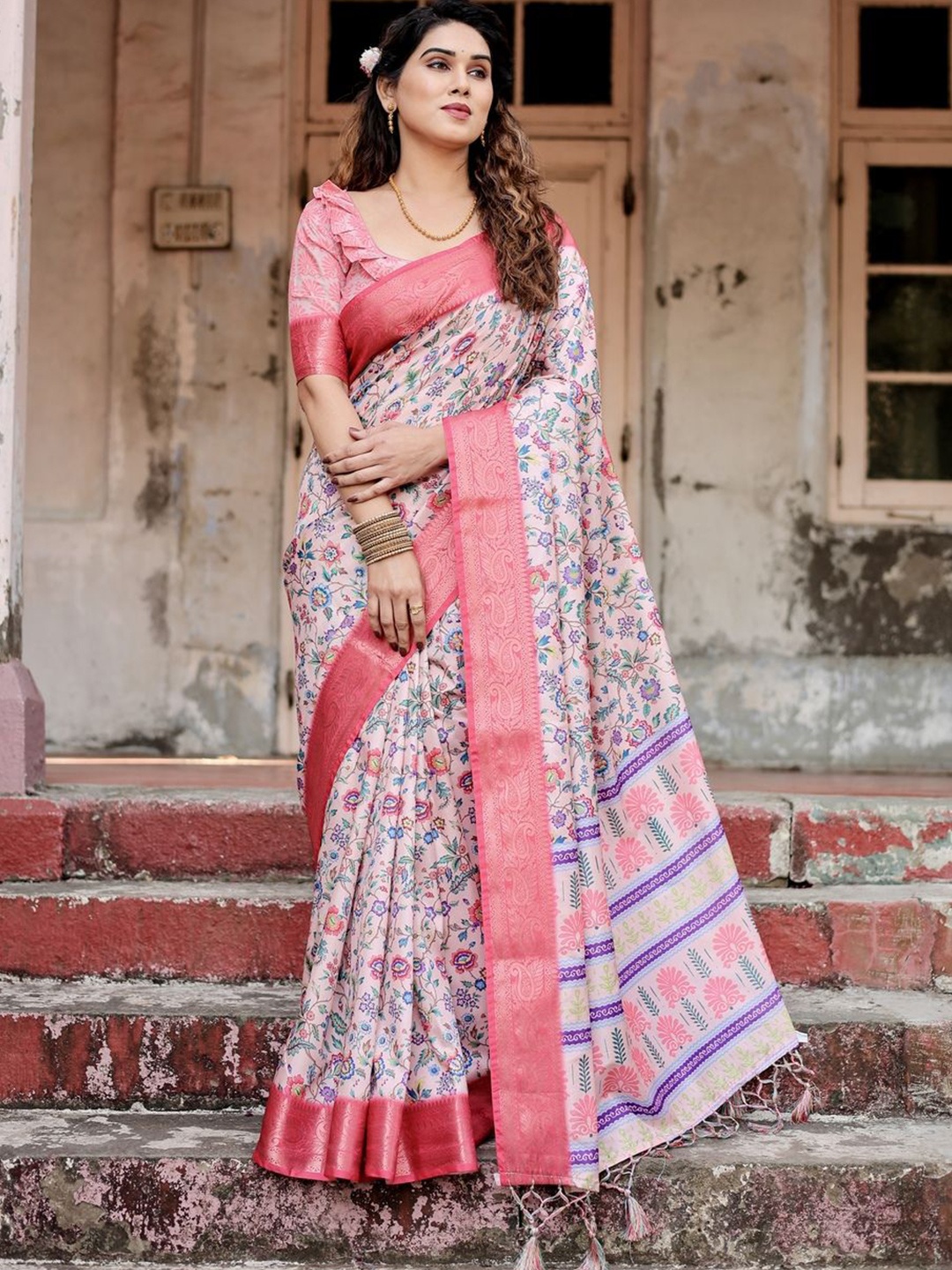 

ALMAARI FASHION Ethnic Motifs Zari Pure Silk Kanjeevaram Saree, Pink