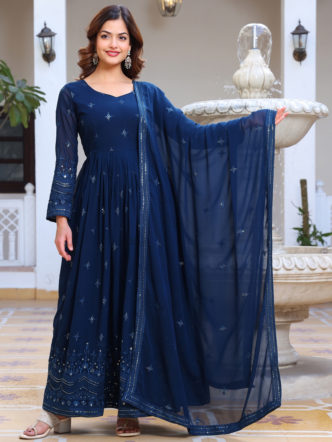 

KALINI Floral Embroidered Sequinned Sweetheart Neck Georgette Kurta With Pyjamas & Dupatta, Turquoise blue