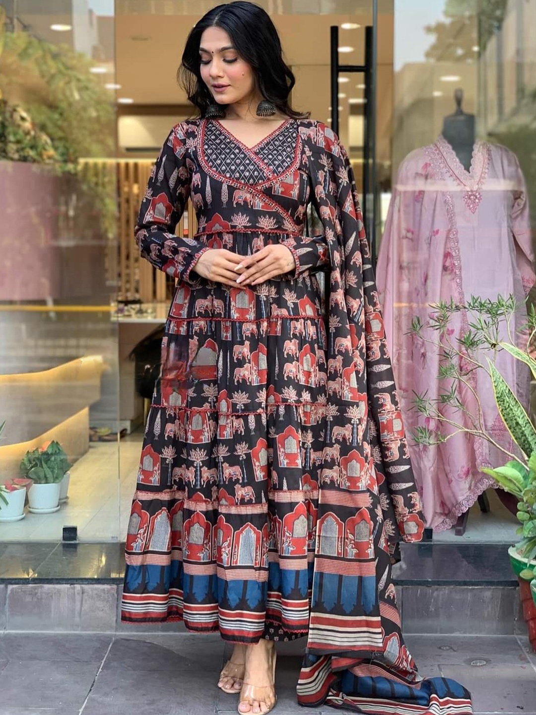 

KALINI Kalamkari Print Thread Work Cotton Ethnic Motifs Anarkali Kurti Pant With Dupatta, Black