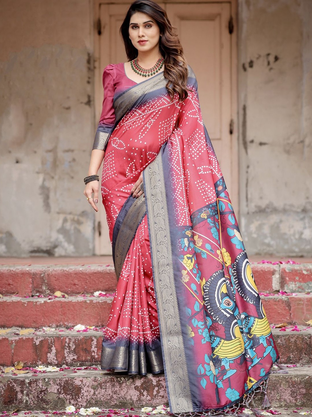 

ALMAARI FASHION Floral Pure Silk Handloom Banarasi Saree, Pink