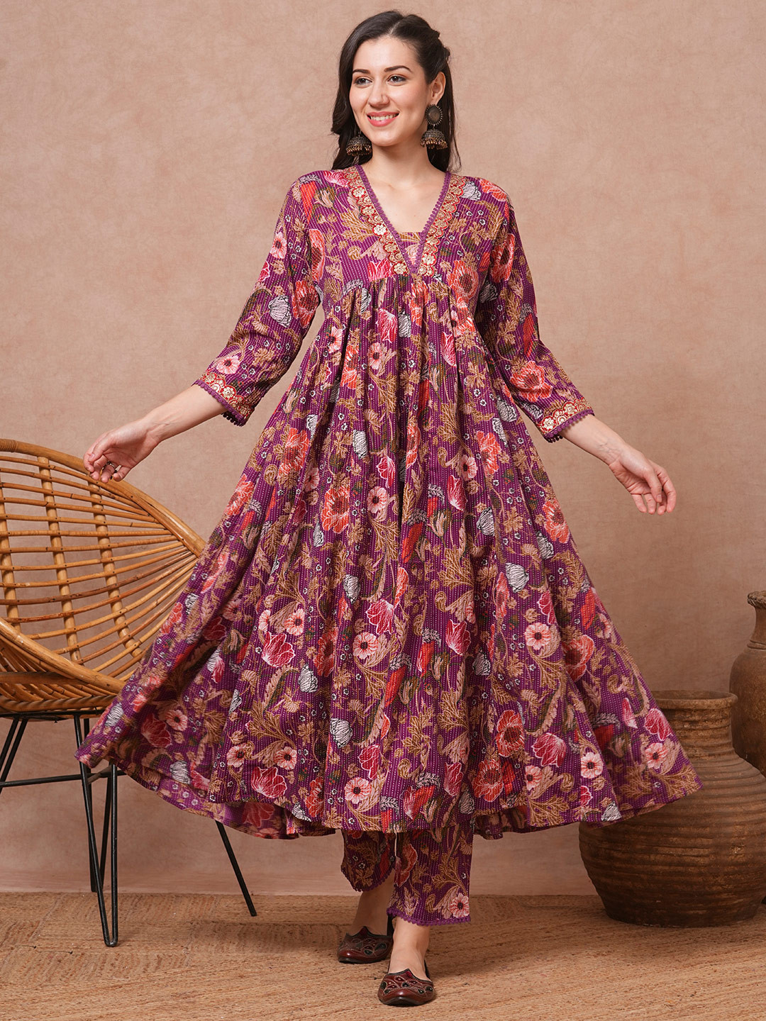 

FASHOR Floral Printed V-Neck Pure Cotton A-Line Pleated Kurta With Pant, Purple