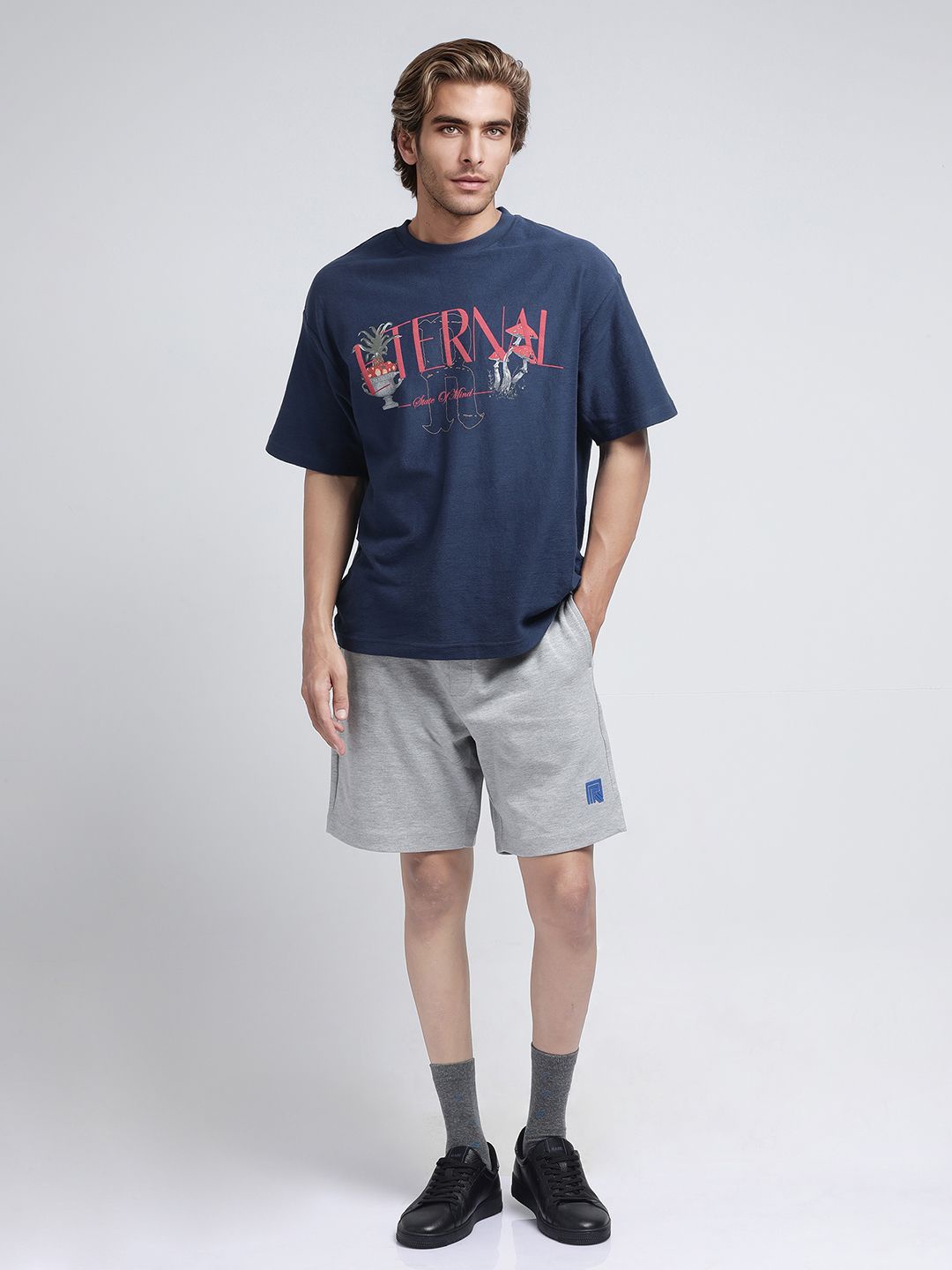 

RARE RABBIT Men Relaxed Fit Mid-Rise Cotton Shorts, Grey