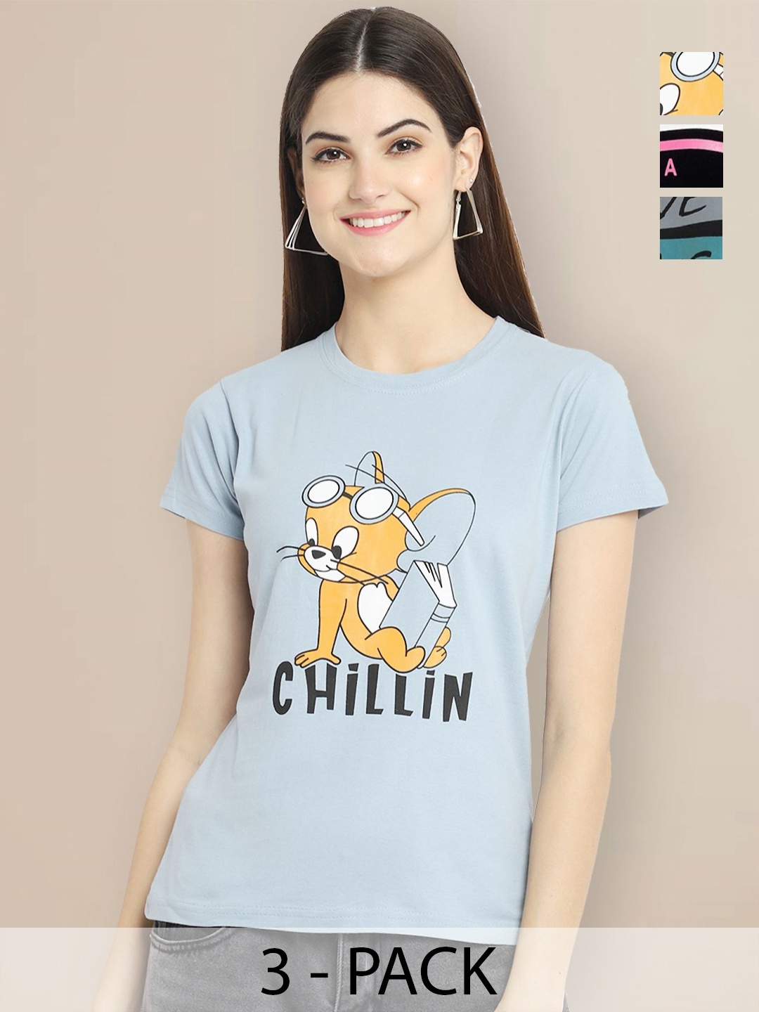 

GLOBAL NOMAD Women Pack of 3 Tom & Jerry Graphic Printed Round Neck Cotton T-shirts, Grey
