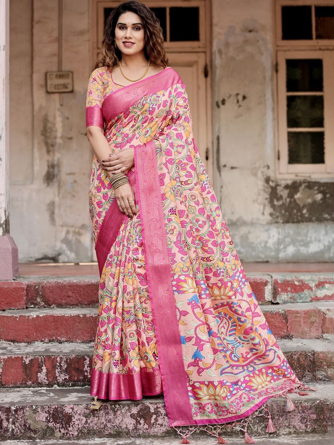 

ALMAARI FASHION Ethnic Motifs Zari Pure Silk Jamdani Saree, Pink
