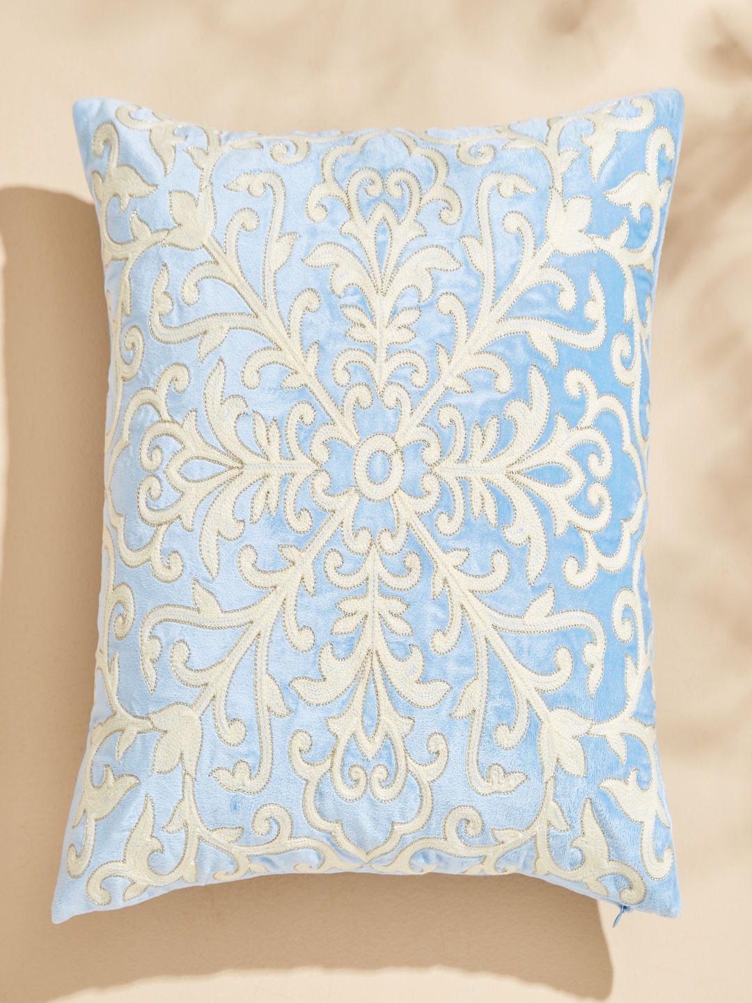 

Home Centre Endura Blue & White Floral Embroidered Velvet Square Cushion Cover