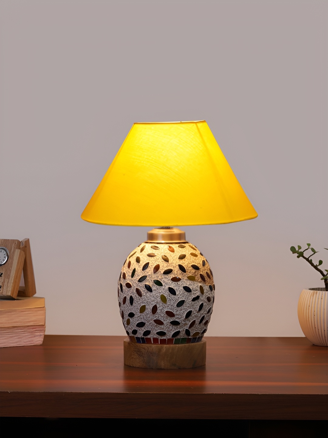 

Devansh Yellow Textured Wooden Frustum Shaped Table Lamp With Mosaic Glass Base