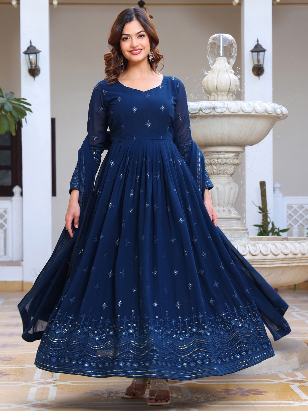 

KALINI Floral Embroidered Sequinned Sweetheart Neck Georgette Kurta With Pyjamas & Dupatta, Turquoise blue