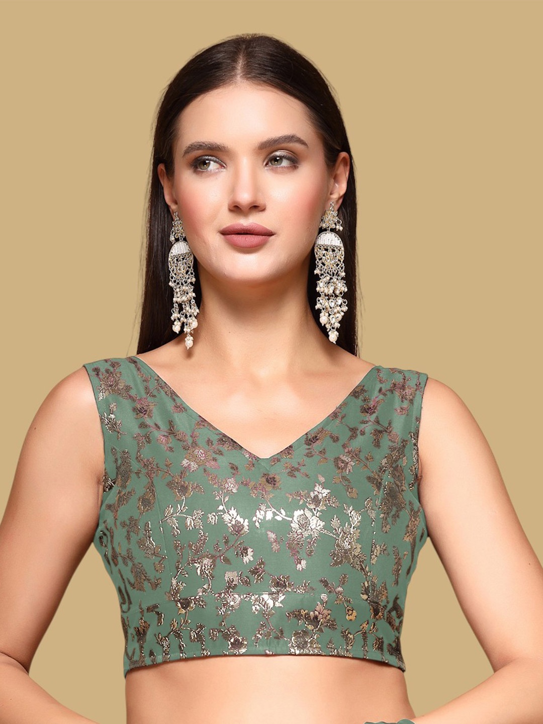 

Oomph! Ethnic Motifs Woven Design Jacquard Traditional Saree Blouse, Green