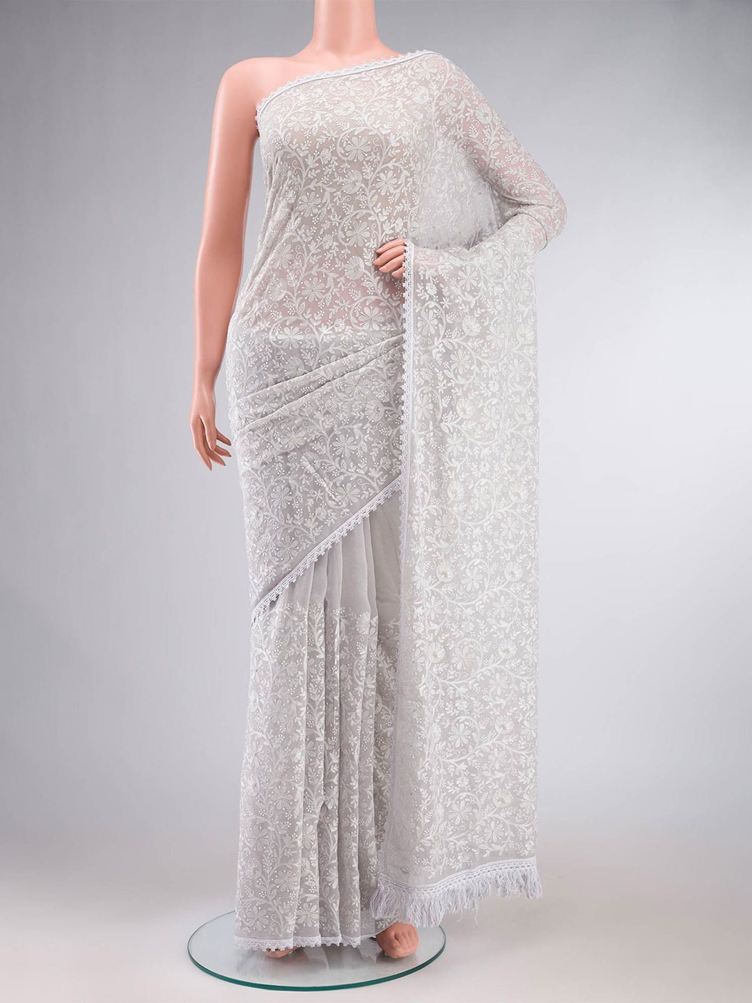 

Nalli Floral Embroidered Saree, Grey