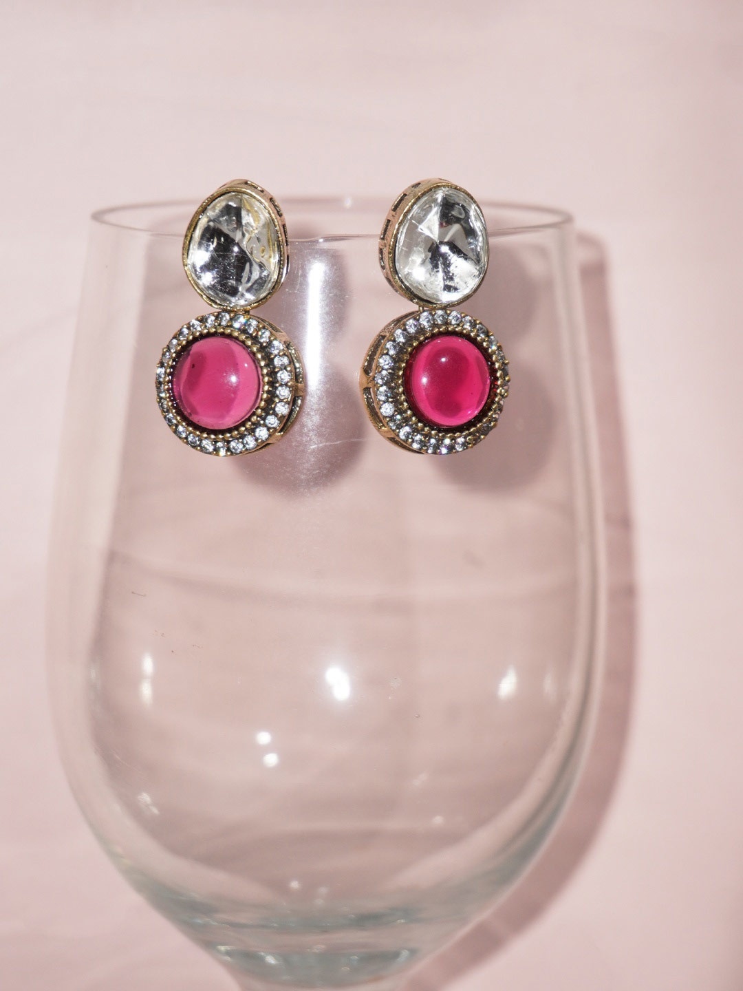 

Niscka Gold-Plated Zircon Studded Geometric Shaped Drop Earrings, Pink