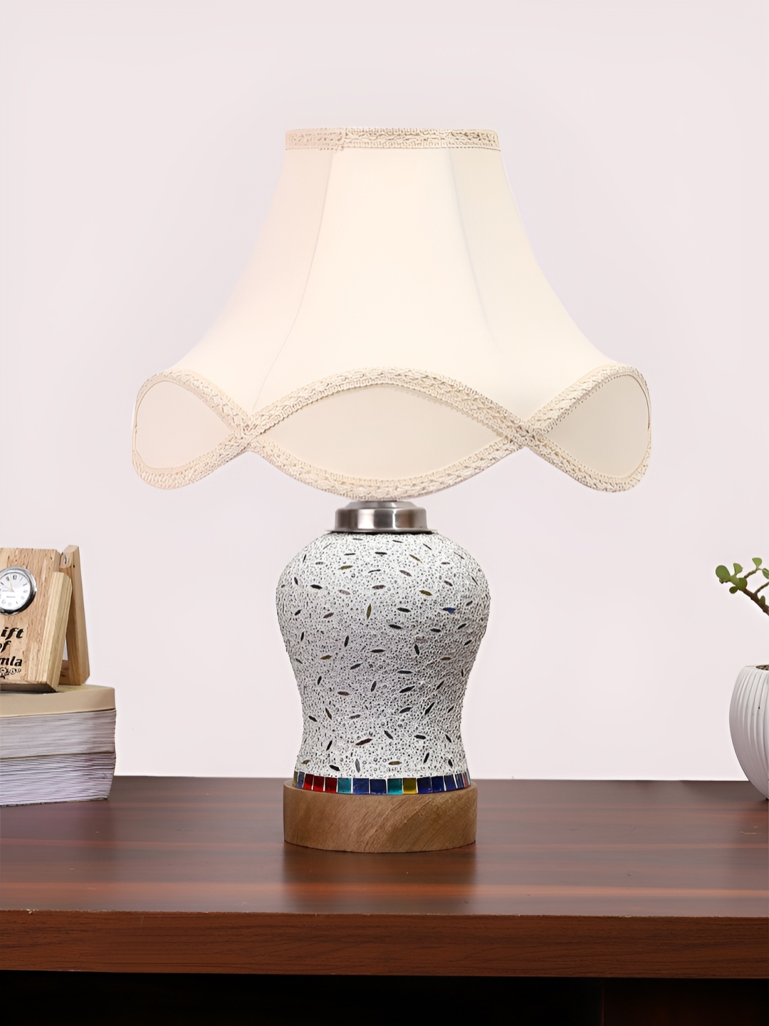 

Devansh Off White Textured Wooden Frustum Shaped Table Lamp With Mosaic Glass Base