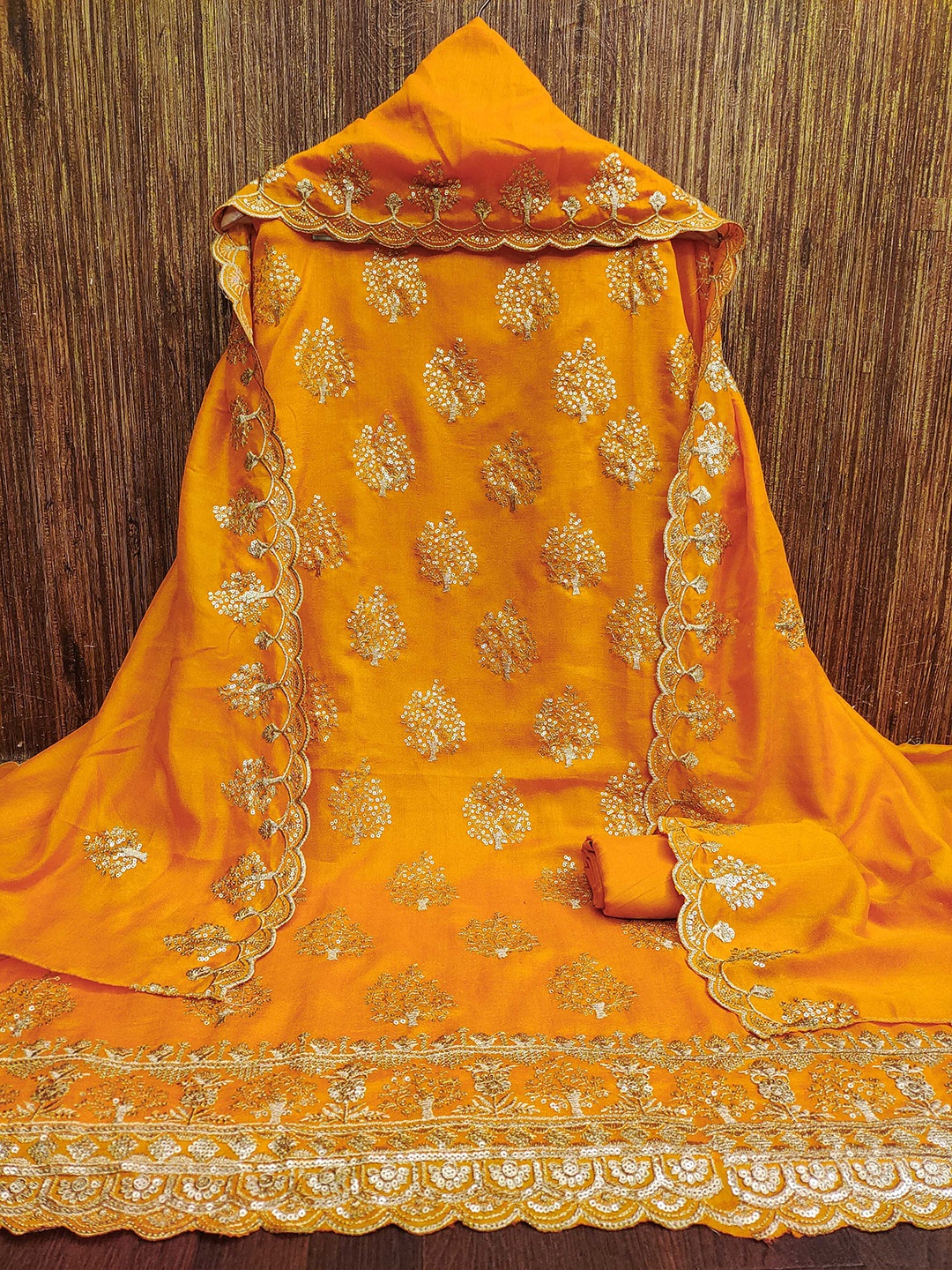 

SHADOW & SAINING Floral Embroidered Sequinned Unstitched Dress Material, Yellow