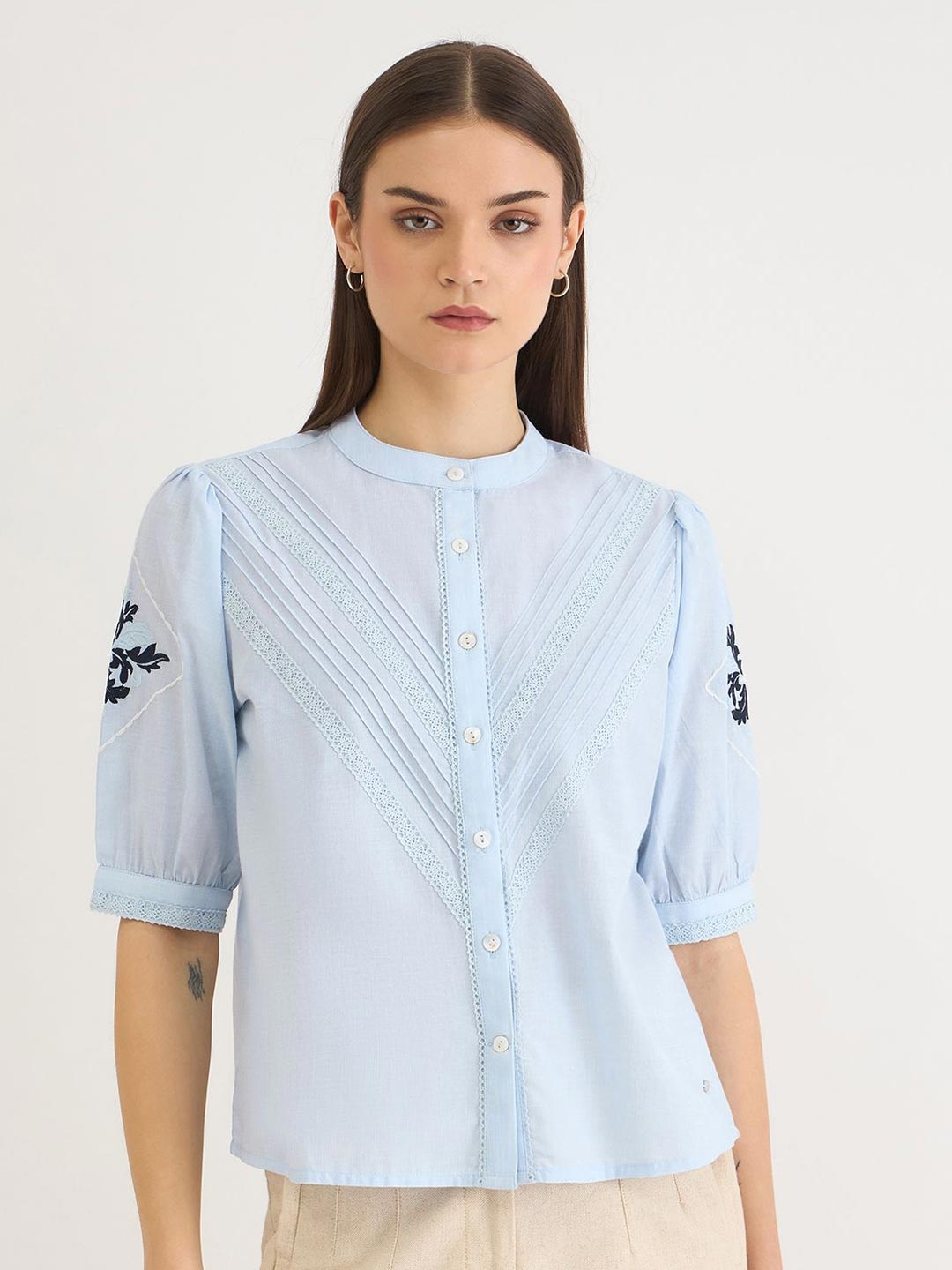 

ELLE Embroidered Mandarin Collar Puff Sleeve Cotton Top, Blue