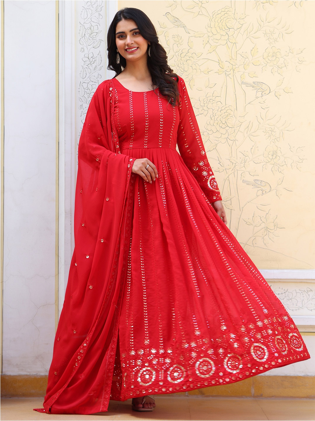 

Wedani Embroidered Silk Georgette Sweetheart Neck Anarkali Kurta With Trousers & Dupatta, Red