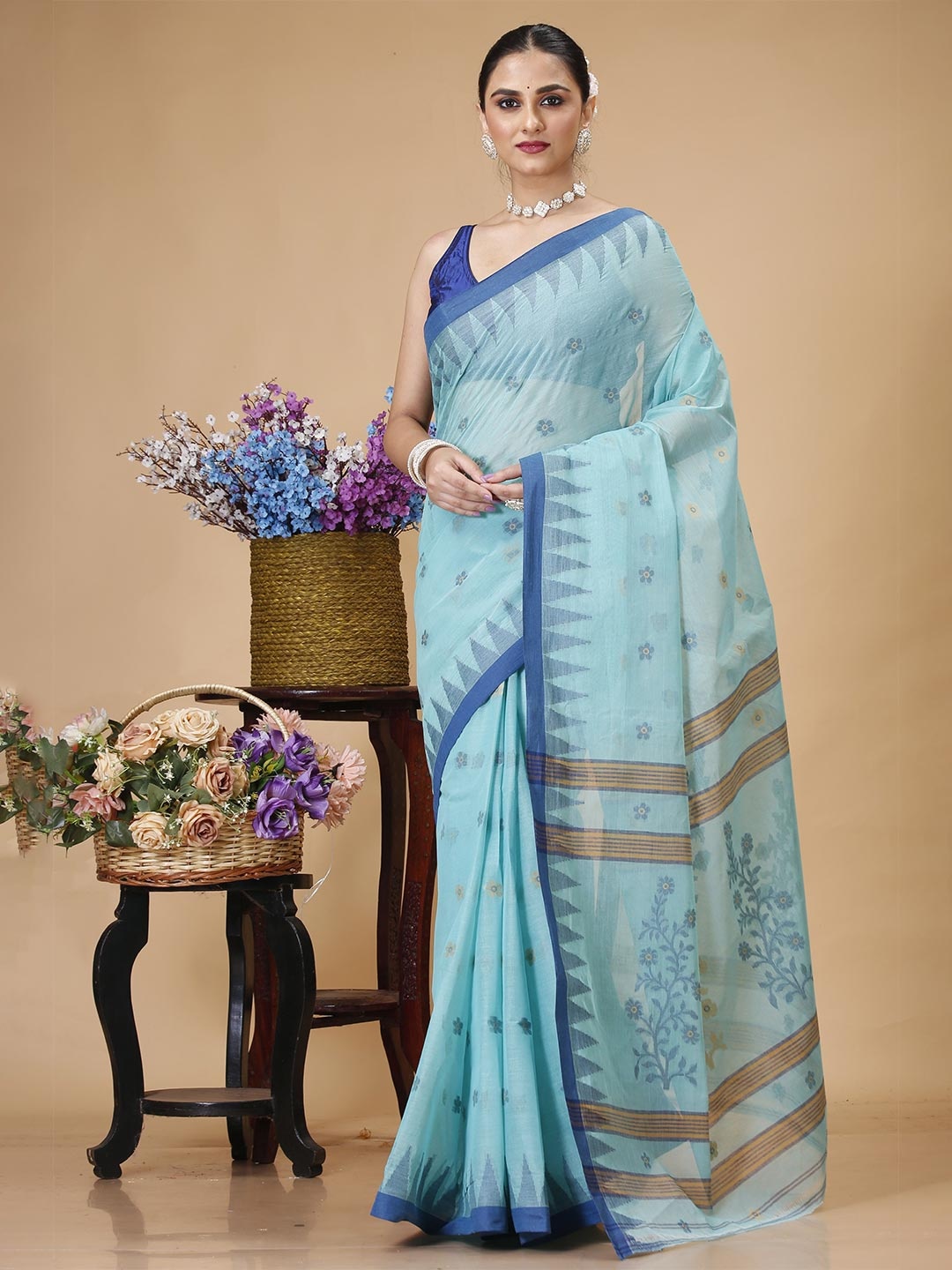 

SLAGHA Woven Design Pure Cotton Taant Saree, Blue