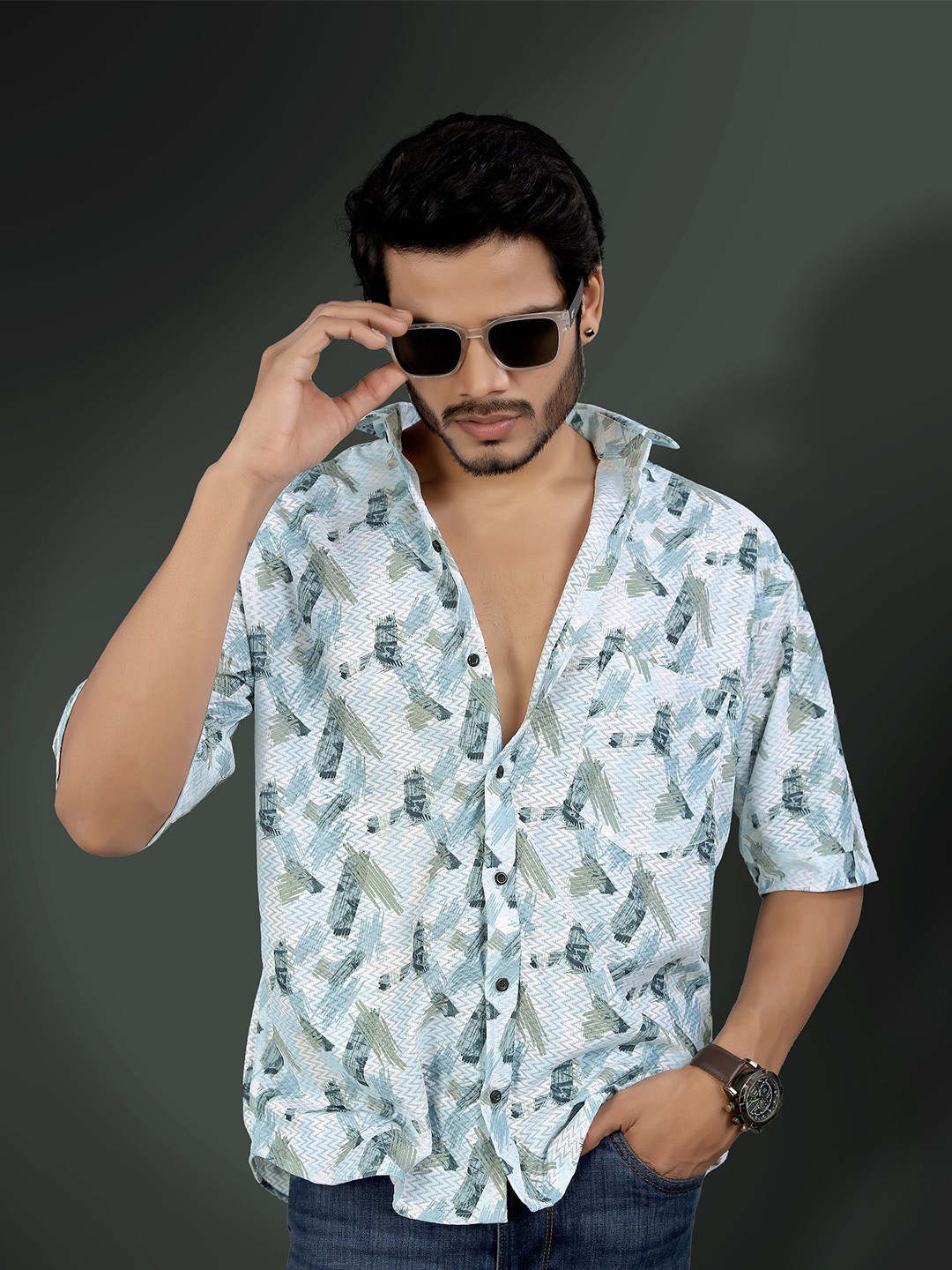 

Metronaut Men Semi Sheer Printed Casual Shirt, Turquoise blue