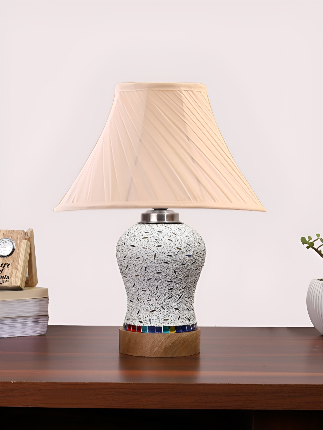 

Devansh Off White & Blue Textured Frustum Shaped Wooden Table Lamp