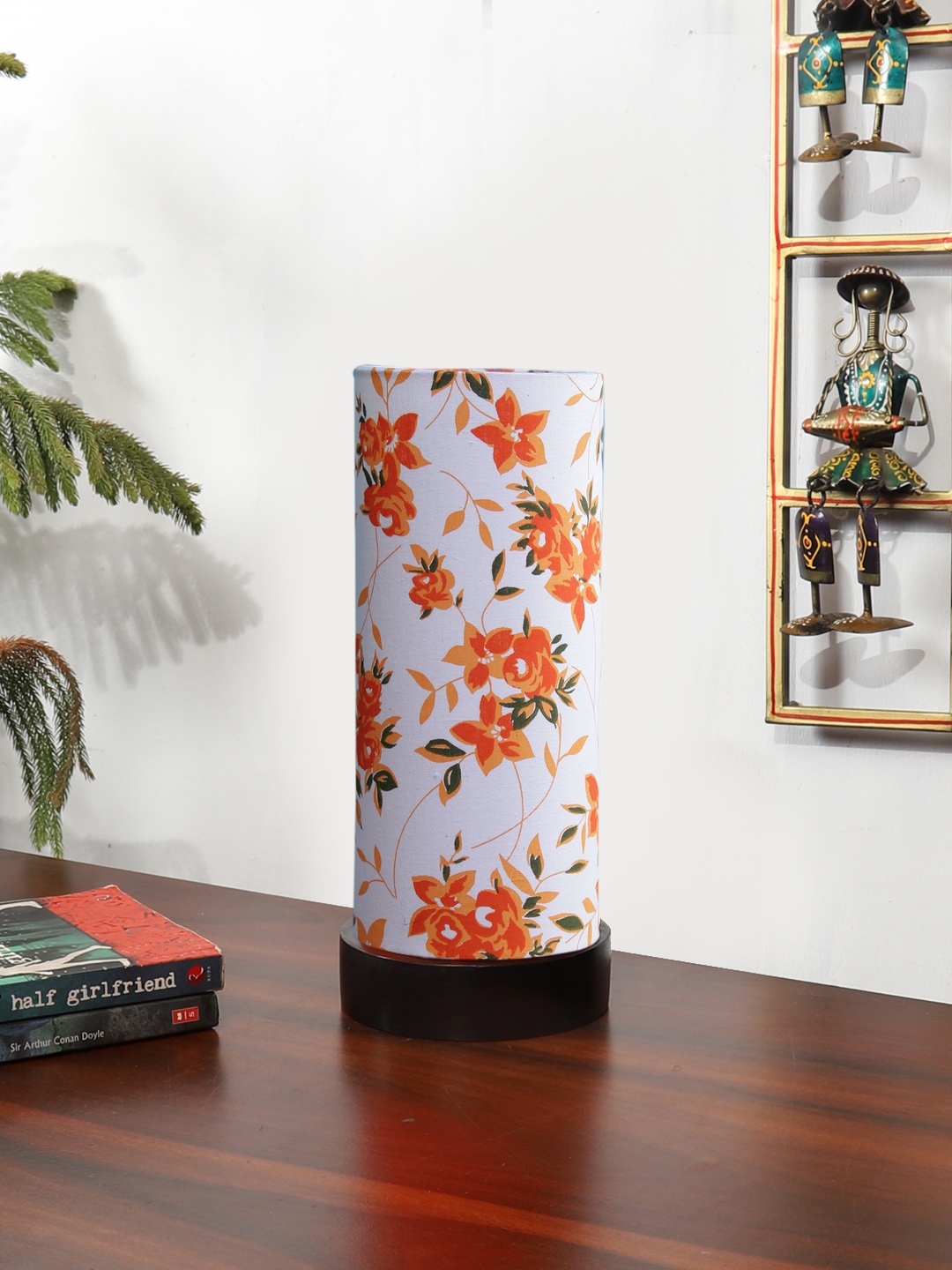 

Devansh White & Orange Floral Printed Wooden Contemporary Cylindrical Shaped Table Lamp