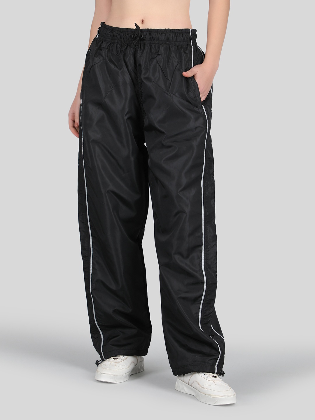 

Raxedo Women Sportscore Striped Relaxed Fit Baggy Parachute Track Pant, Black