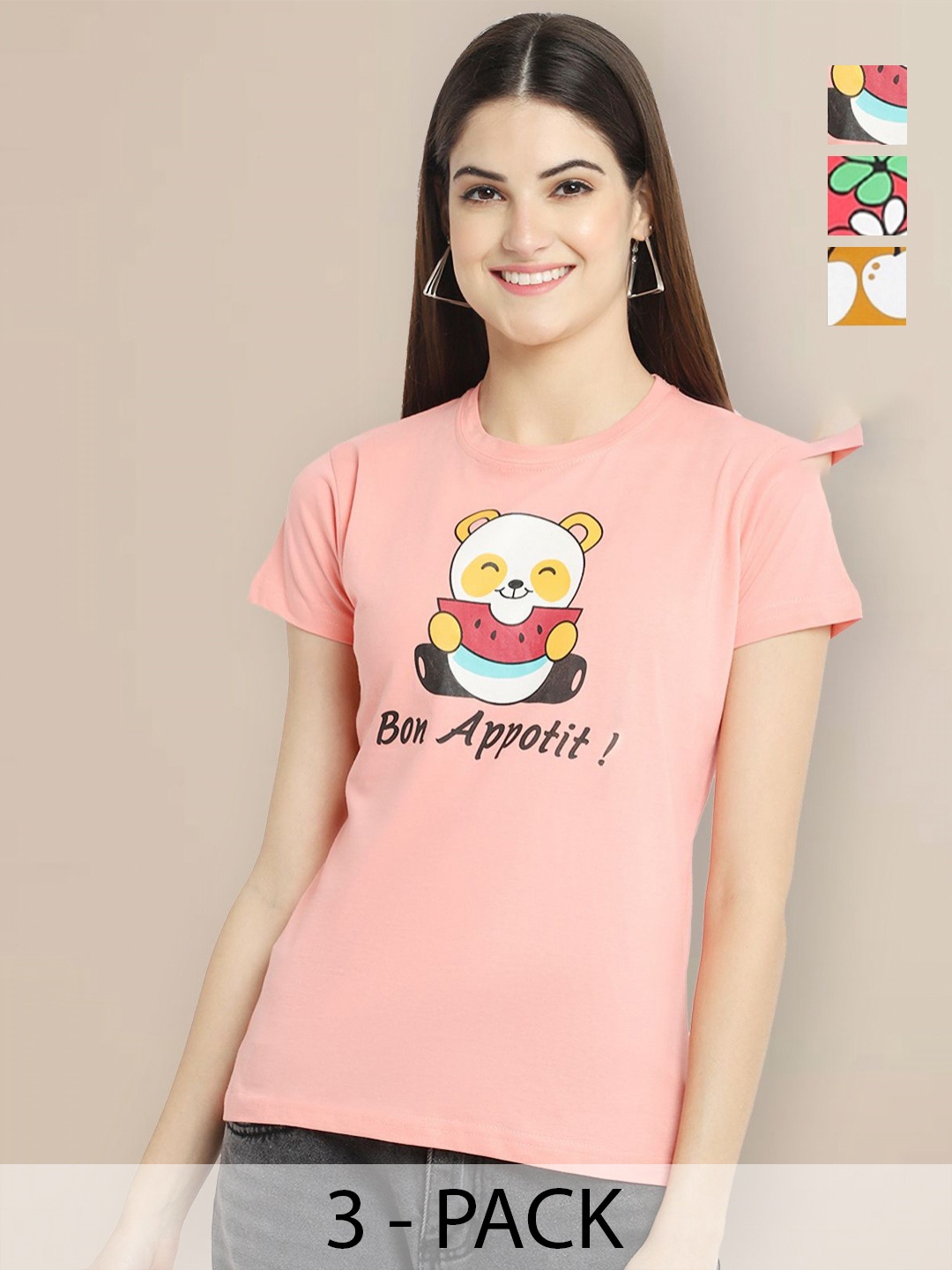 

GLOBAL NOMAD Women Pack of 3 Graphic Printed Round Neck Cotton T-shirts, Pink