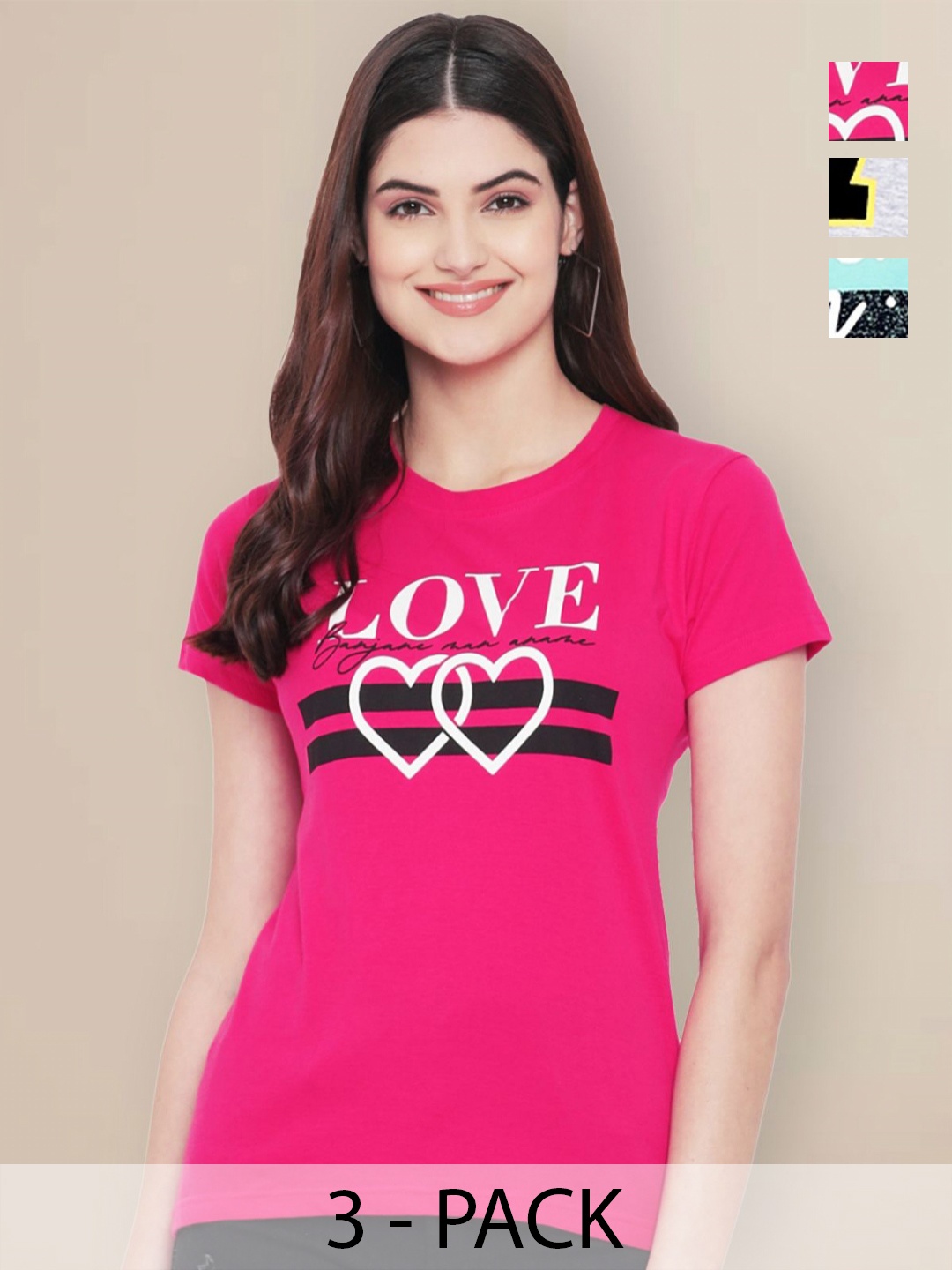 

GLOBAL NOMAD Women Pack of 3 Typography Printed Round Neck Cotton T-shirts, Pink