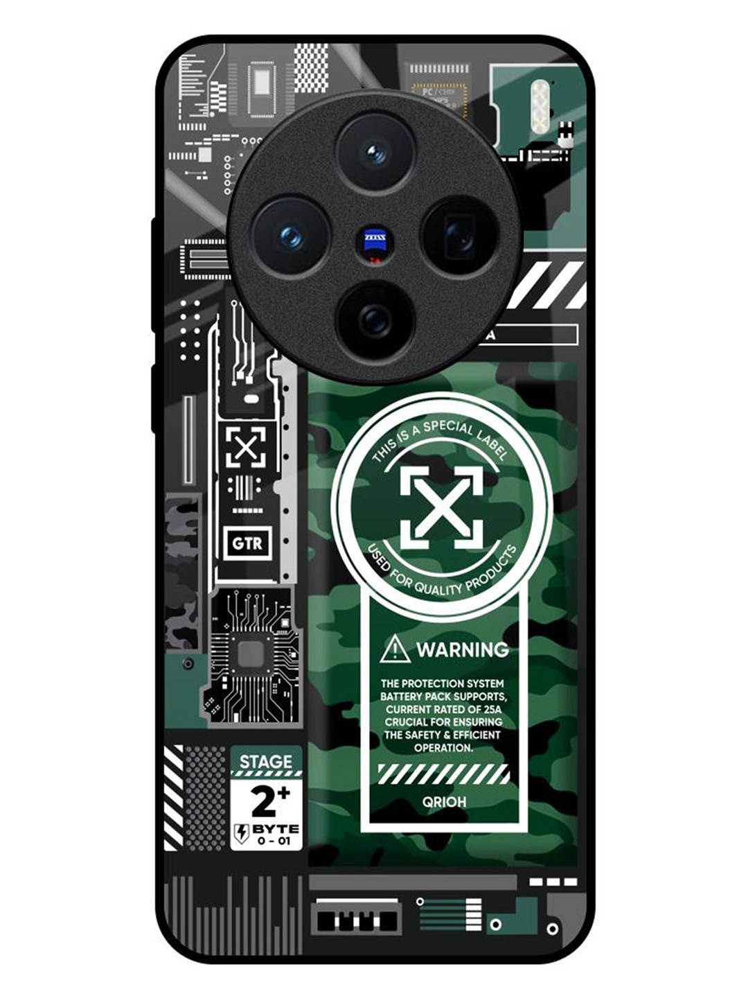 

QRIOH Green Camo Circuit Vivo X200 5G Impact Resistant Back Case, Black