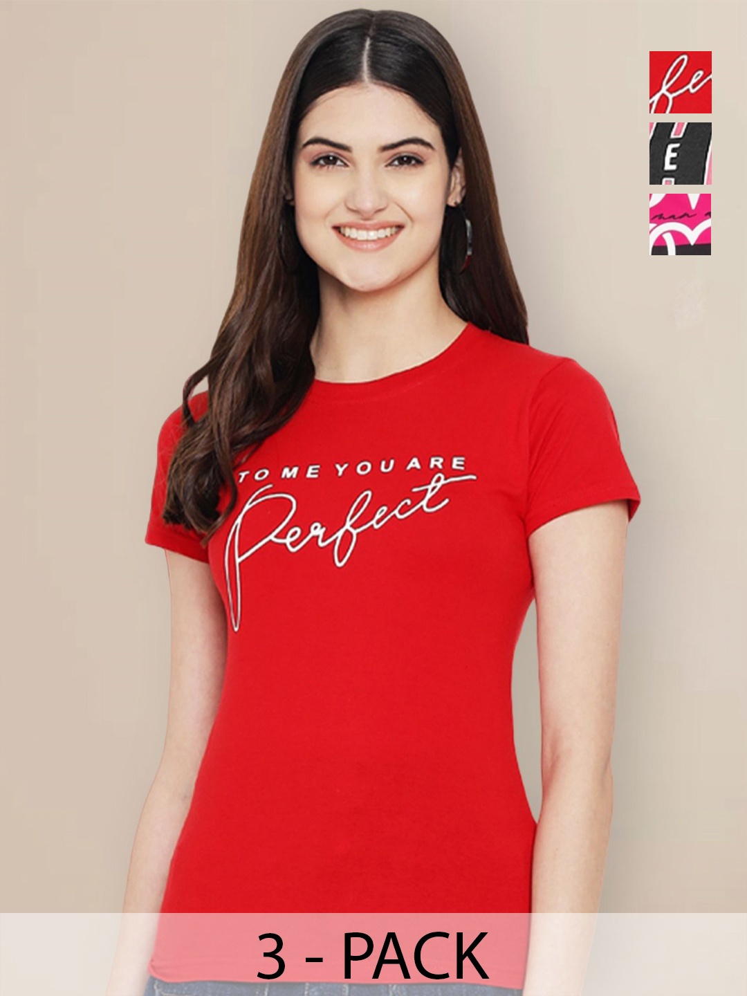

GLOBAL NOMAD Women Pack of 3 Typography Printed Round Neck Cotton T-shirts, Red