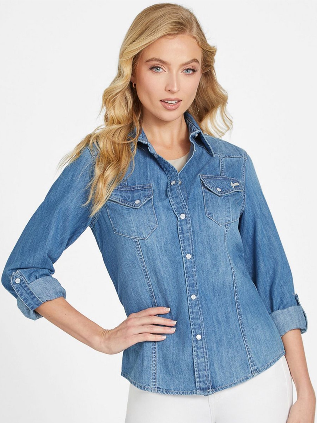 

GUESS Women Opaque Casual Shirt, Blue
