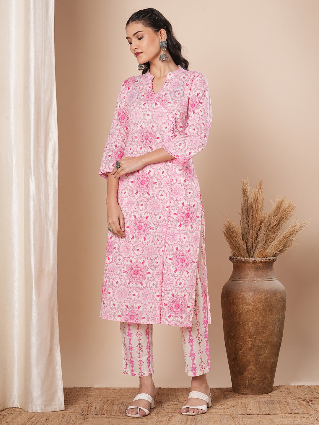 

FASHOR Floral Printed Pure Cotton Mandarin Collar Straight Kurta with Pant, Pink