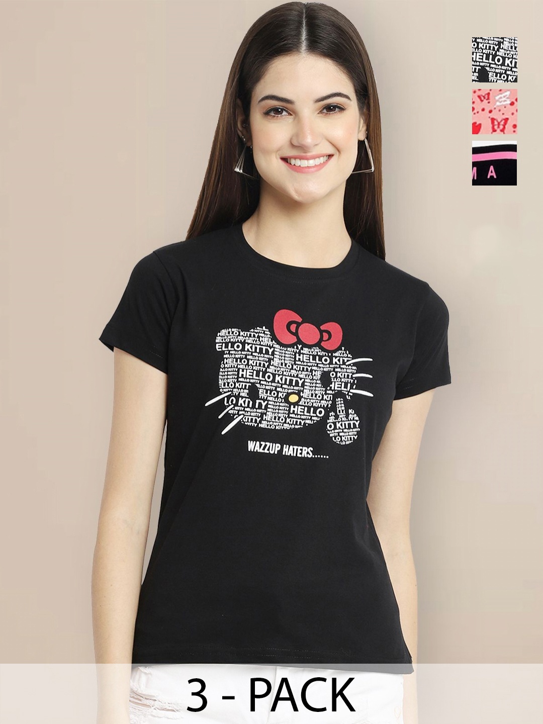 

GLOBAL NOMAD Women Pack of 3 Typography Printed Round Neck Cotton T-shirts, Black