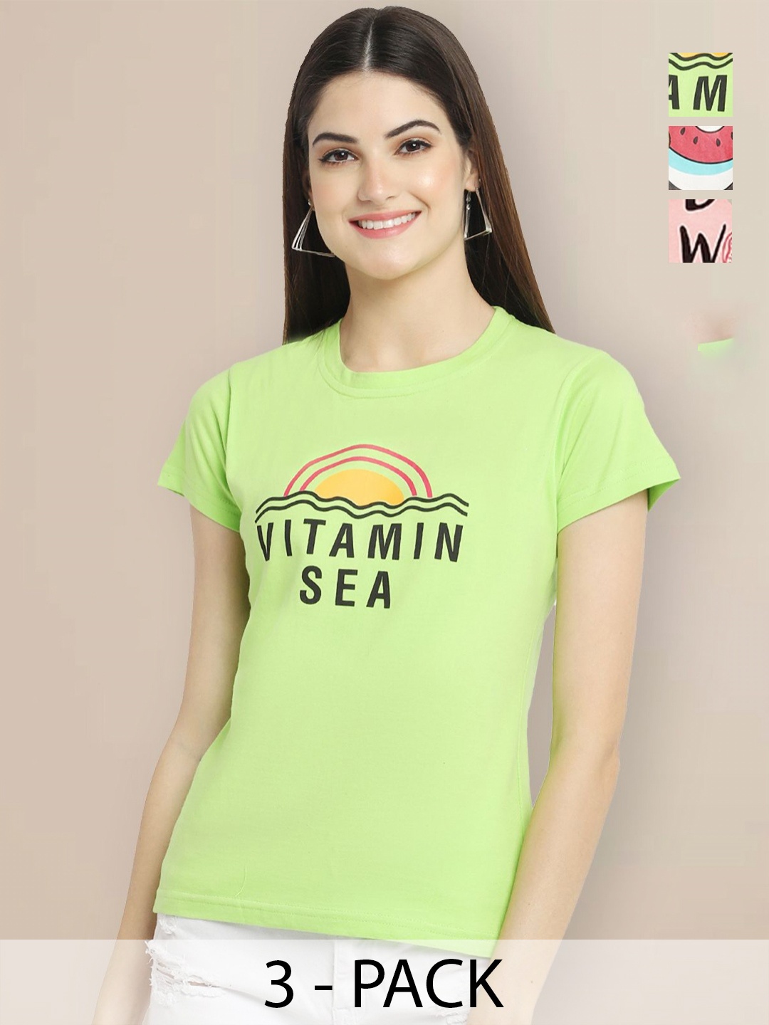 

GLOBAL NOMAD Women Pack of 3 Typography Printed Round Neck Cotton T-shirts, Green