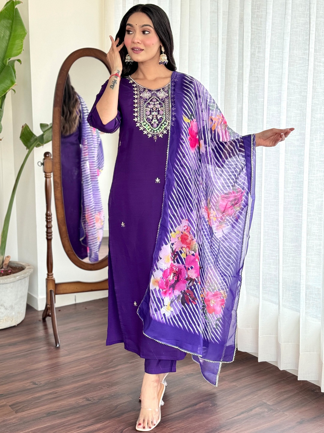 

BAESD Embroidered Thread Work Chanderi Silk Straight Kurta With Trousers & Dupatta, Violet