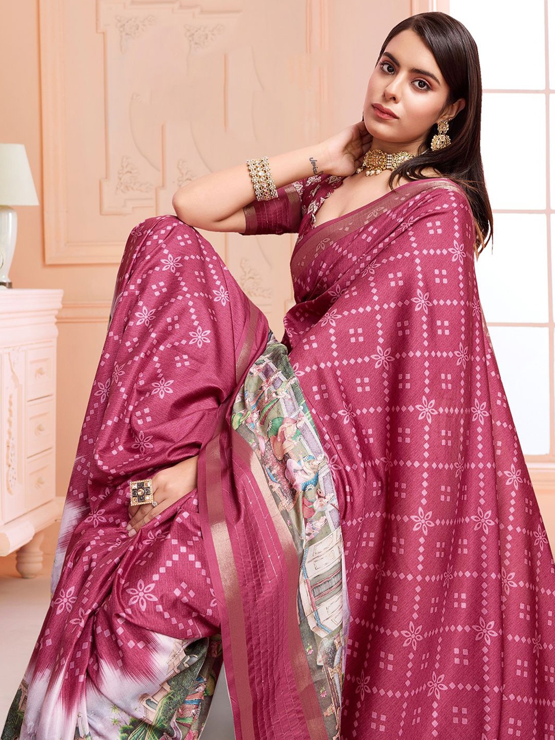 

Rekha Maniyar Kalamkari Sequinned Art Silk Ready to Wear Saree, Pink