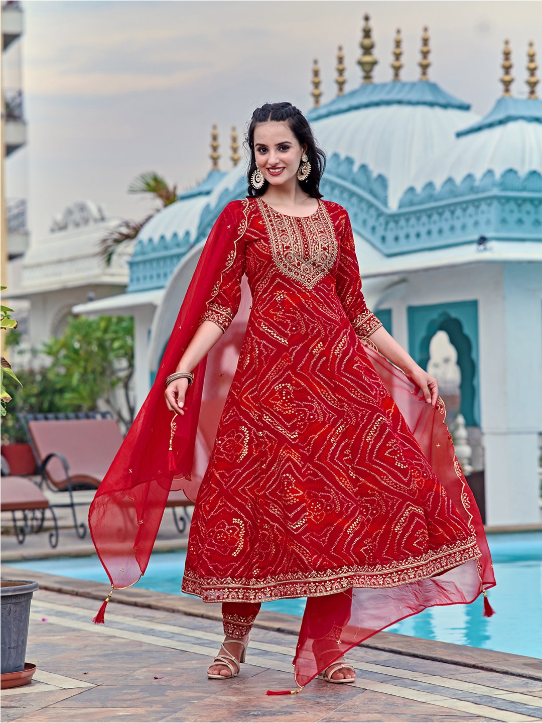 

Berrylicious Bandhani Printed Zari Round Neck A-Line Kurta With Trousers & Dupatta, Red