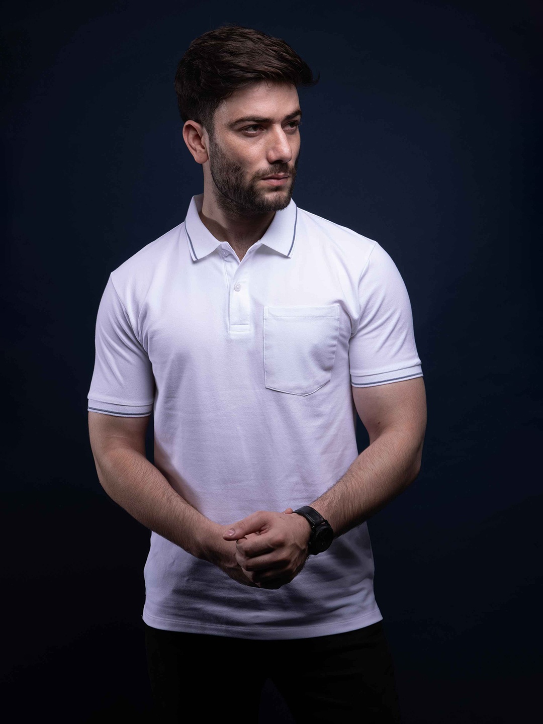 

MAXZONE Men Polo Collar Extended Sleeves Raw Edge T-shirt, White