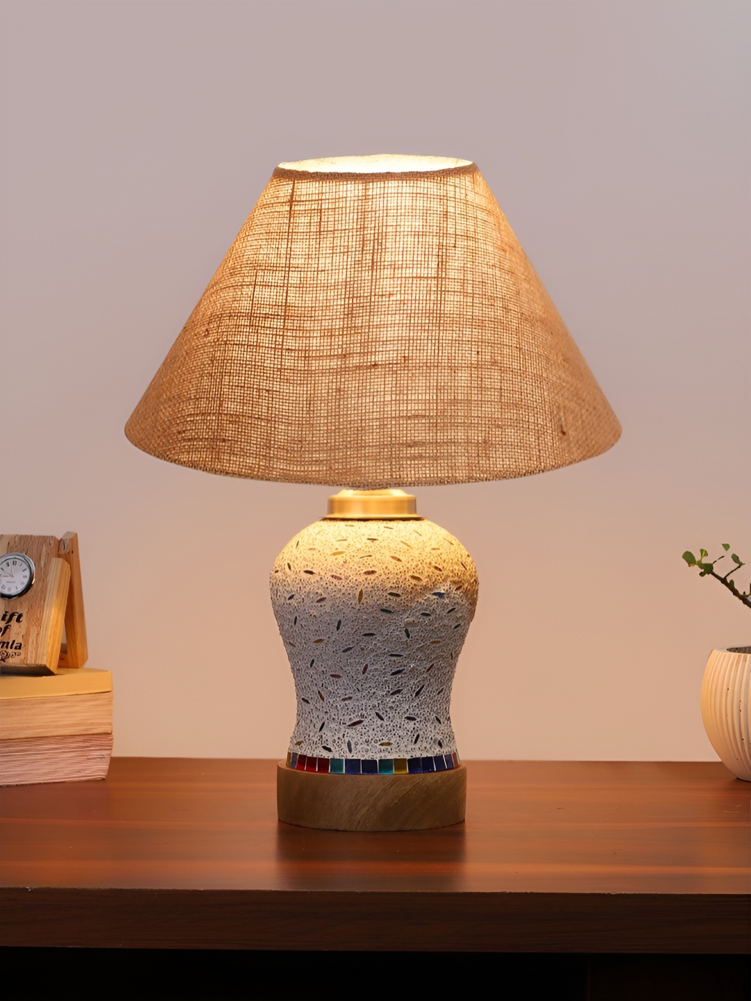 

Devansh Beige Textured Wooden Frustum Shaped Table Lamp With Mosaic Glass Base