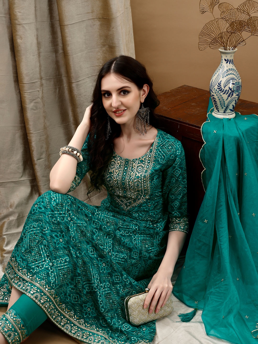 

Berrylicious Bandhani Printed Zari Round Neck A-Line Kurta With Trousers & Dupatta, Teal