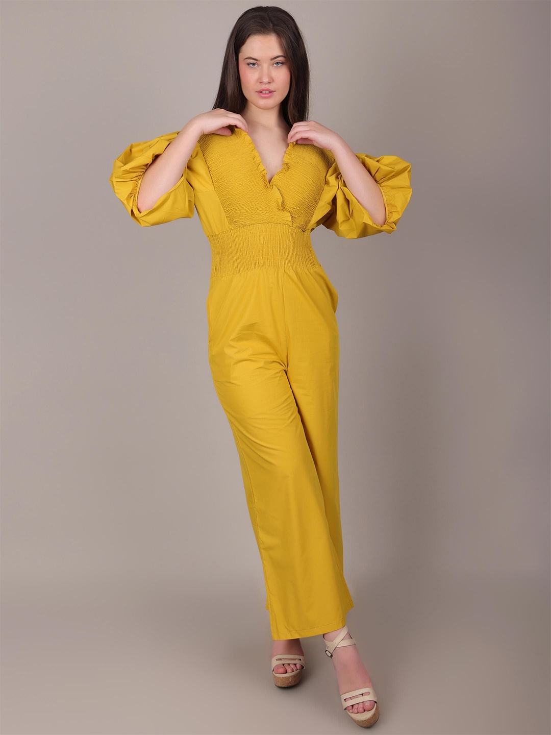 

iki chic Women V-Neck Basic Jumpsuit, Yellow