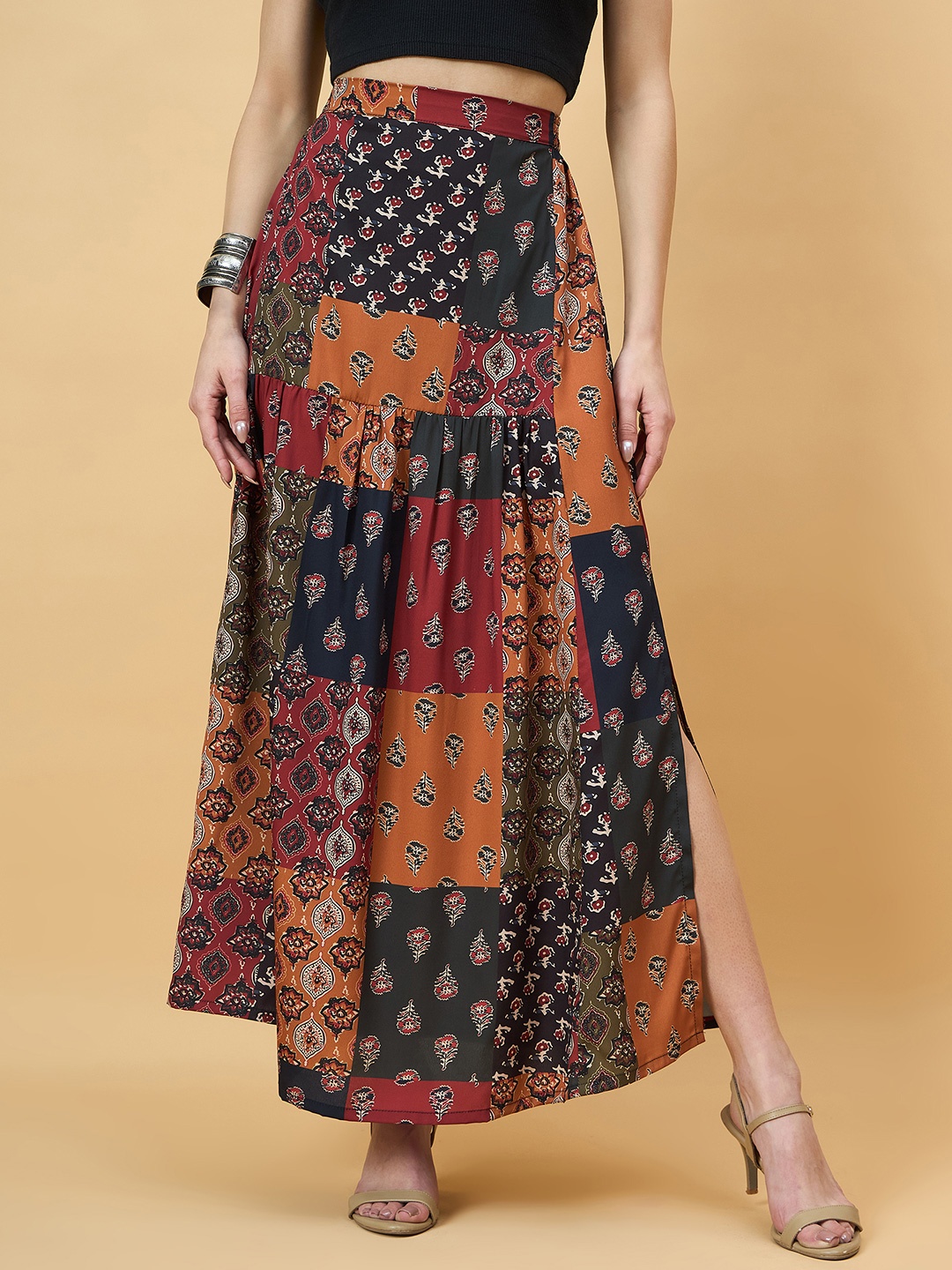 

Azira Women Printed Flared Maxi Skirt, Brown