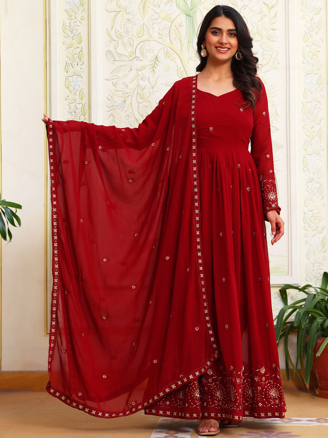 

KALINI Floral Embroidered Sweetheart Neck Silk Georgette Kurta With Pyjamas & Dupatta, Maroon