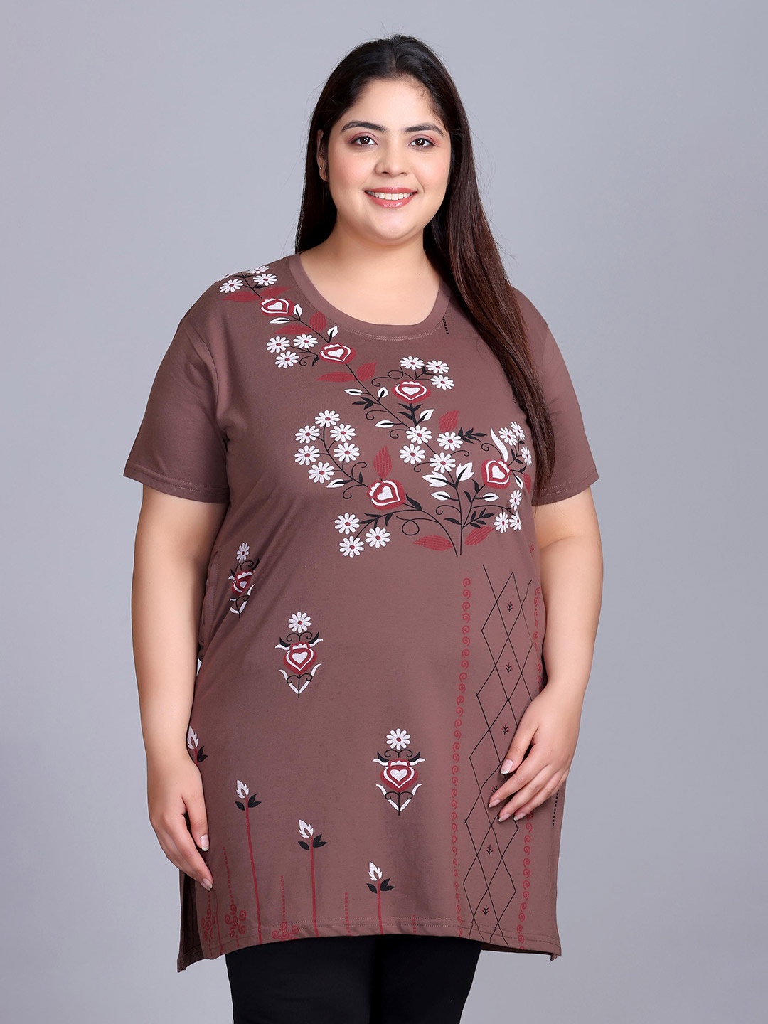 

IN Love Women Plus Size Cotton Floral Printed Longline T-shirt, Brown