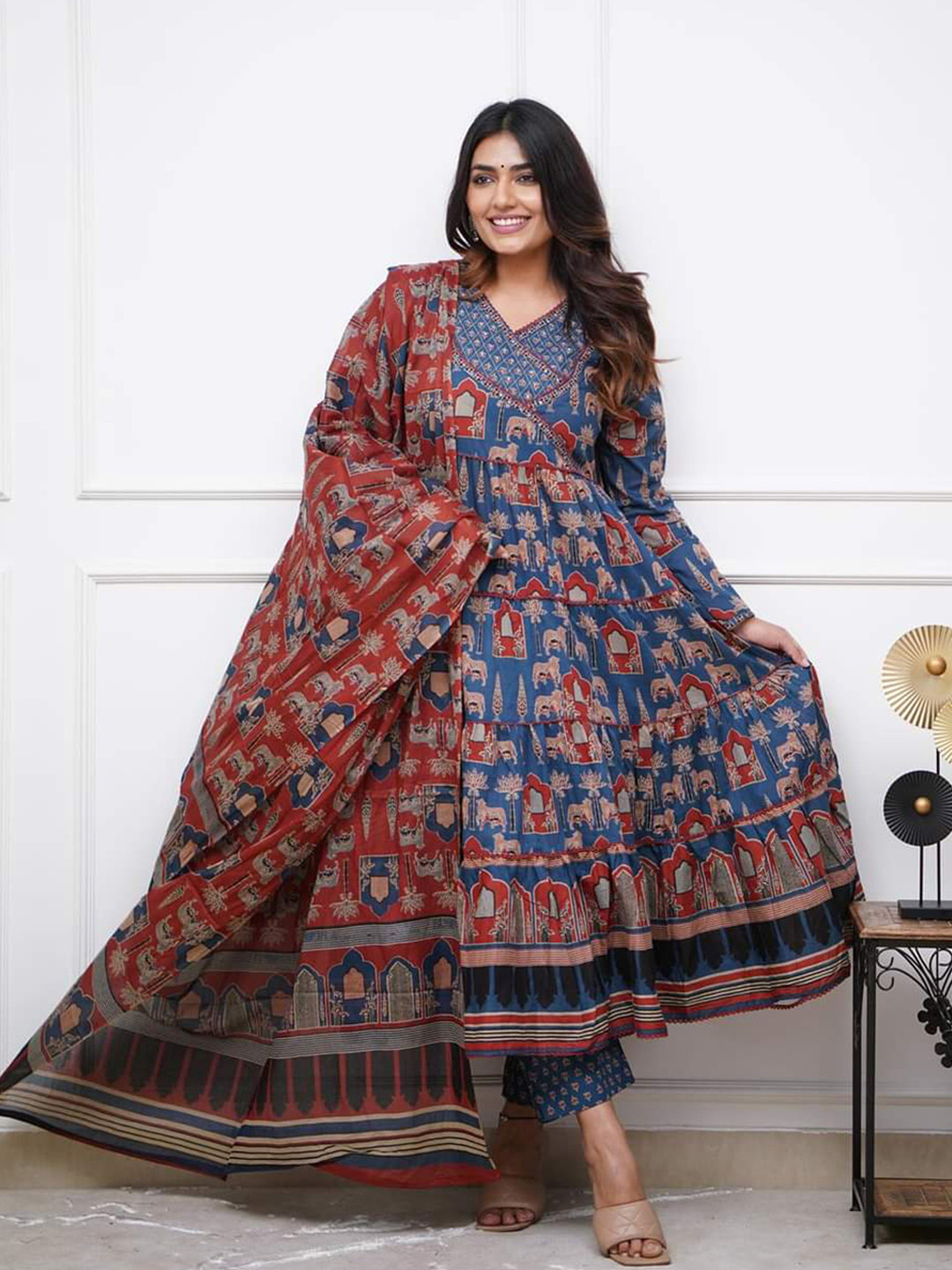 

BAESD Ethnic Motifs Printed Angrakha Pure Cotton Anarkali Kurta With Trouser & Dupatta, Blue