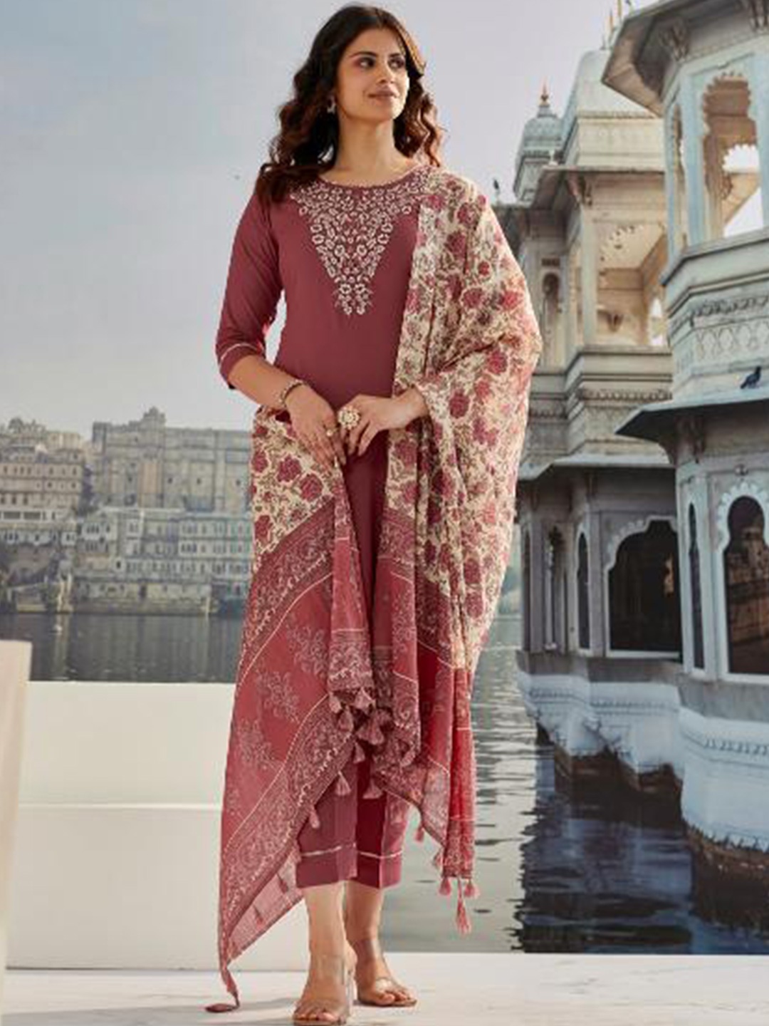 

Fashion Basket Floral Yoke Design Round Neck Straight Kurta With Trouser And Dupatta, Maroon
