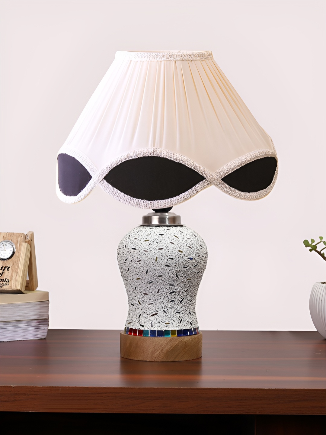 

Devansh White & Black Textured Wooden Frustum Shaped Table Lamp With Mosaic Glass Base