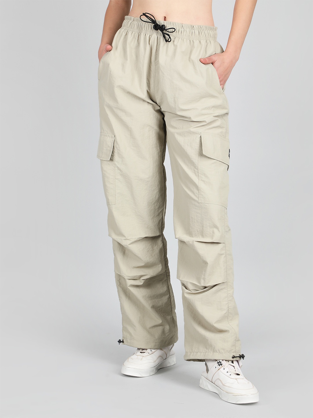 

Raxedo Women Mid-Rise Relaxed Fit Baggy Parachute Track Pant, Beige