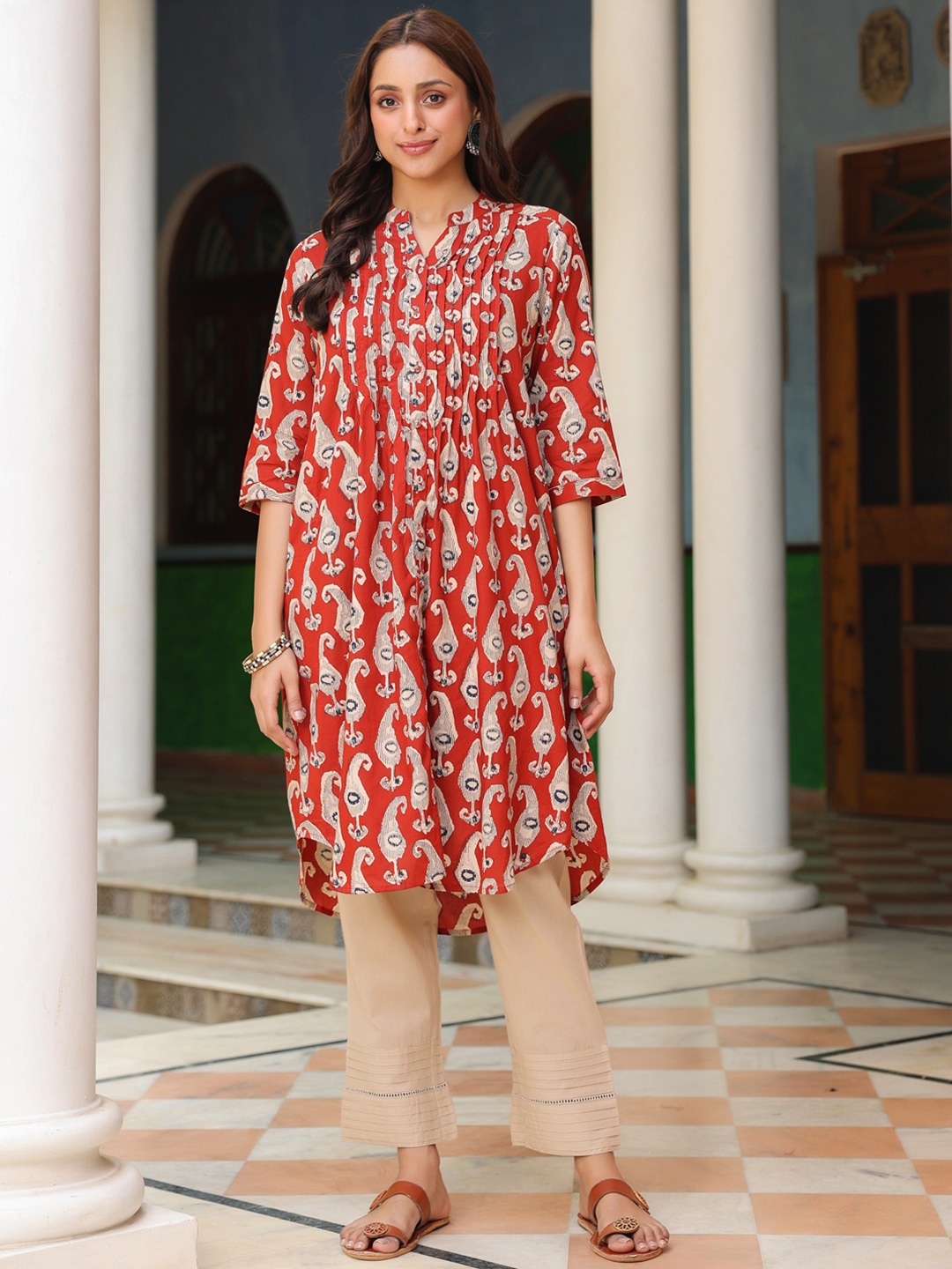 

SAVI Paisley Printed Pleated Mandarin Collar Cotton A-Line Kurta, Red