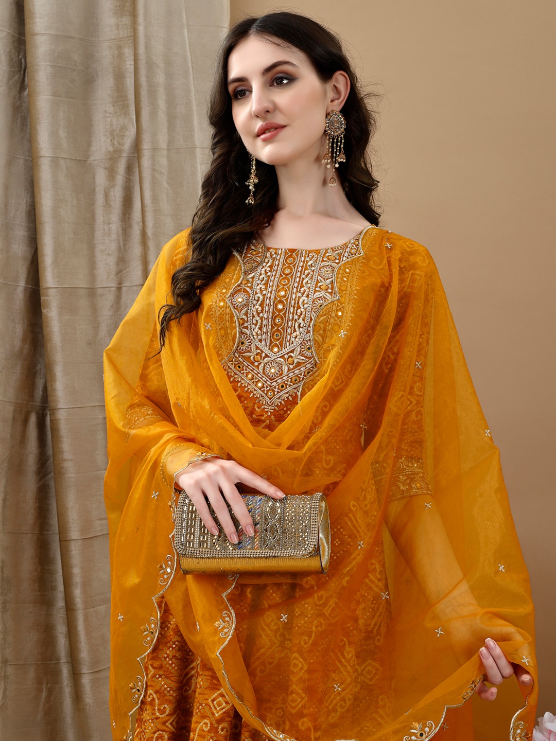 

Berrylicious Bandhani Printed Zari Round Neck A-Line Kurta With Trousers & Dupatta, Mustard