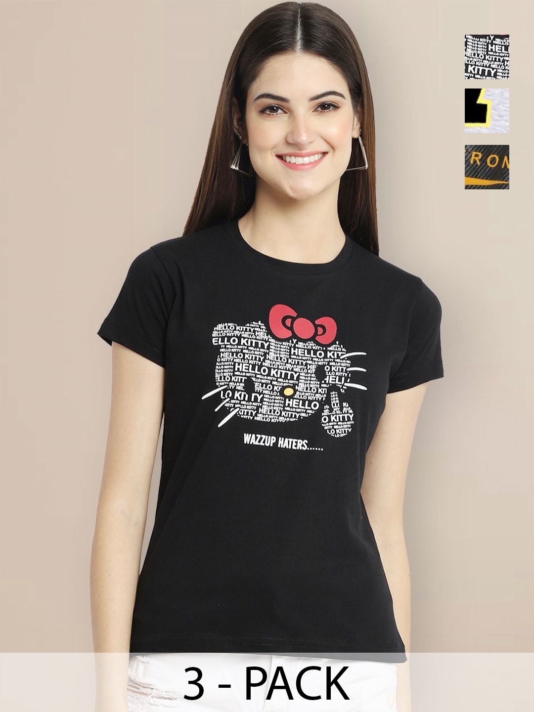 

GLOBAL NOMAD Women Pack of 3 Typography Printed Round Neck Cotton T-shirts, Black