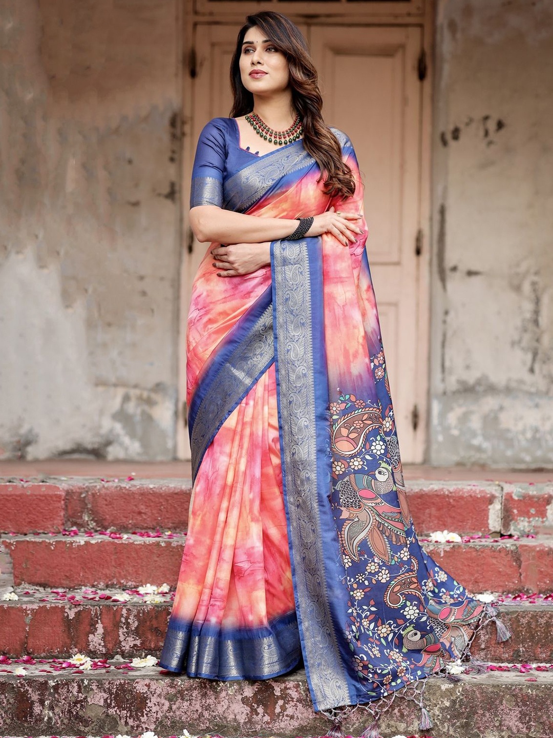 

ALMAARI FASHION Tie and Dye Zari Pure Silk Banarasi Saree, Red