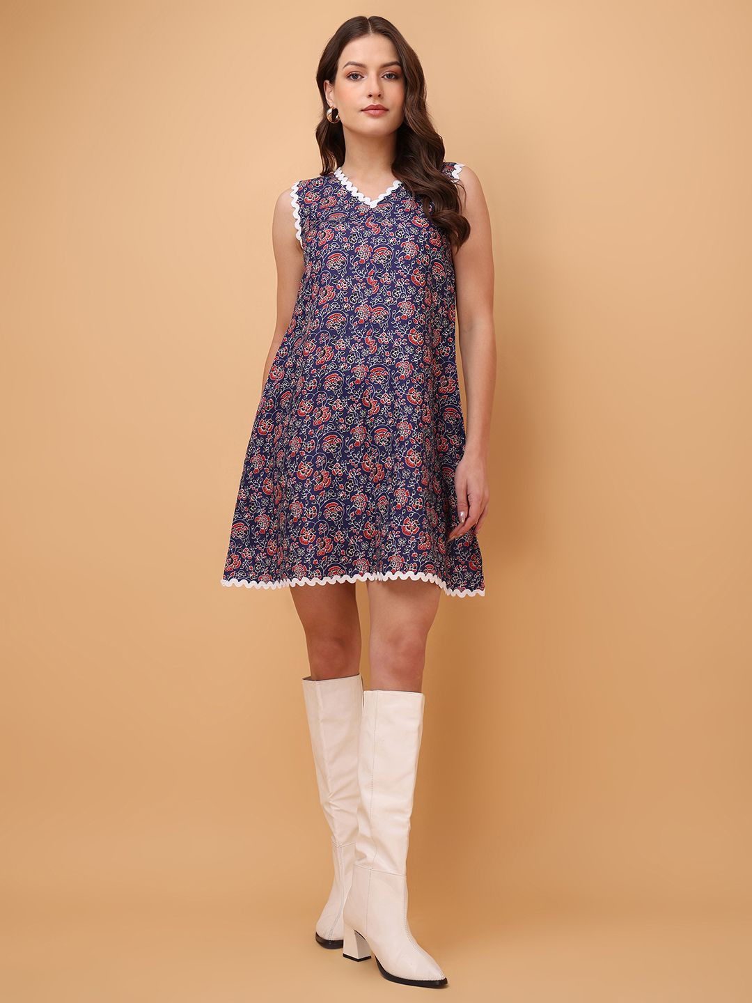 

OBSHIVKA Women Floral Printed A-Line V-Neck Mini Lace-up Dress, Blue